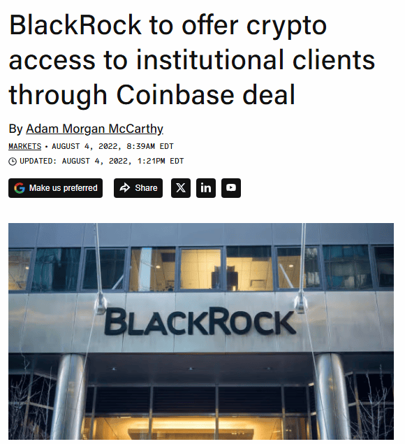 ข่าว BlackRock จับมือ Coinbase ให้ลูกค้า Aladdin เข้าถึงคริปโต ปี 2022