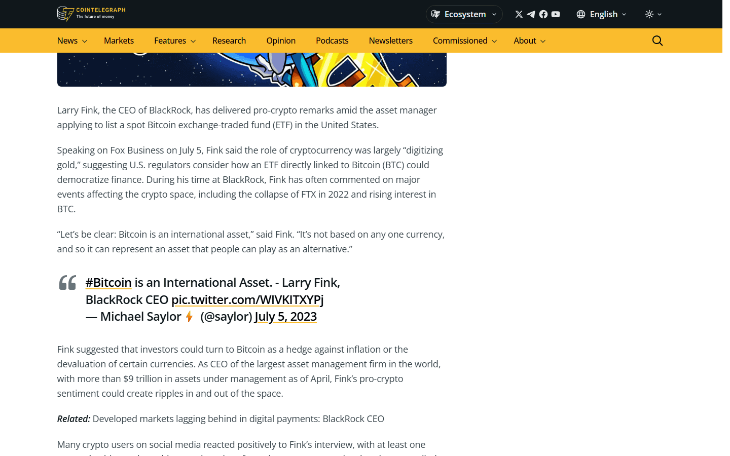 ข่าว Cointelegraph ที่ Fink เรียก Bitcoin ว่าสินทรัพย์ระหว่างประเทศ