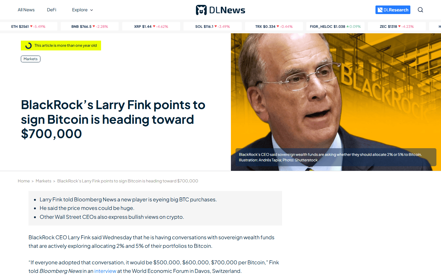 ข่าว Fink พูดถึง Bitcoin 700,000 ดอลลาร์ที่ดาวอส