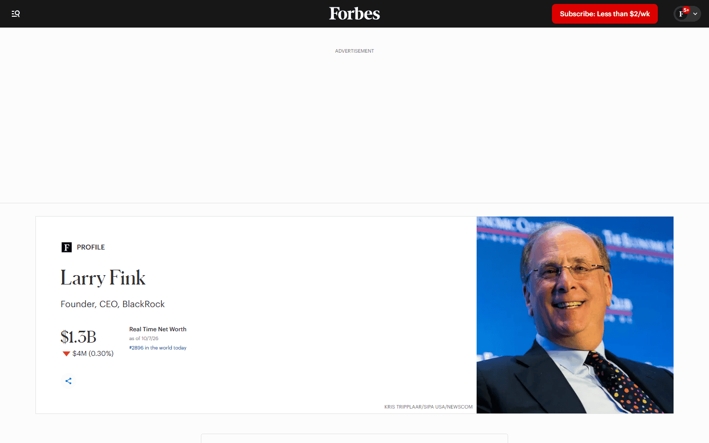หน้าโปรไฟล์ Larry Fink บน Forbes แสดงความมั่งคั่งแบบเรียลไทม์