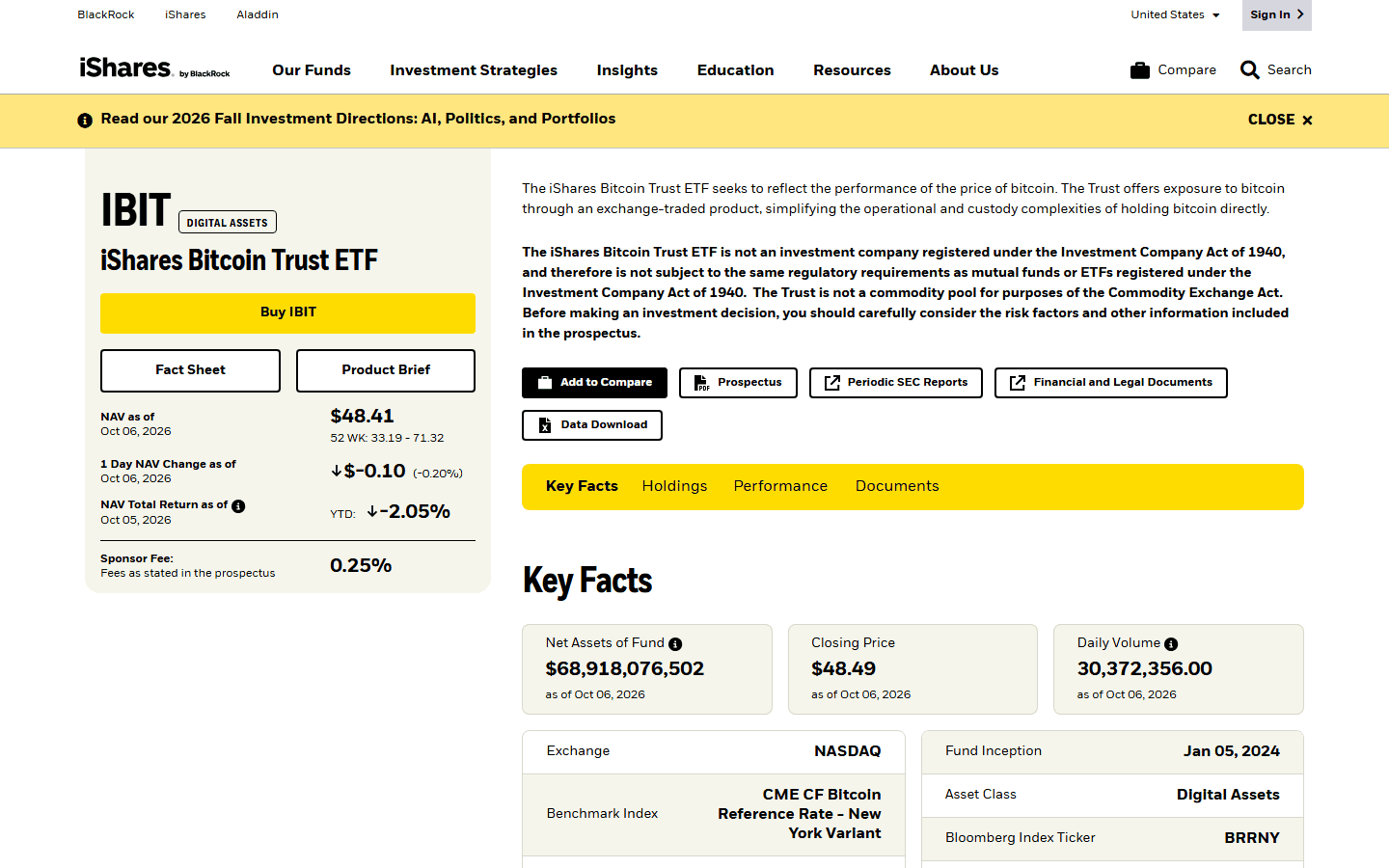 หน้าผลิตภัณฑ์ IBIT บนเว็บ iShares แสดงสินทรัพย์สุทธิ