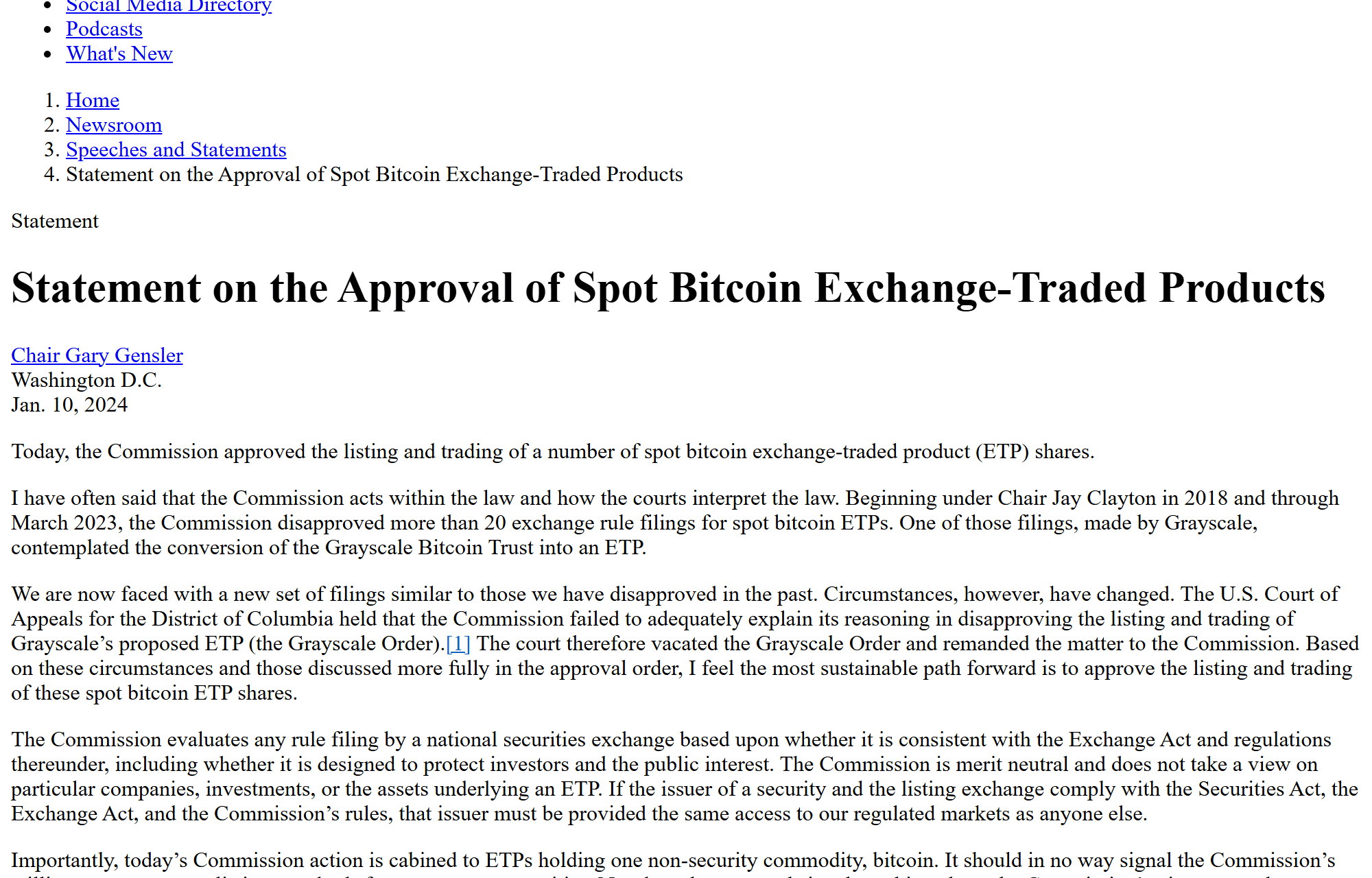 แถลงการณ์ Gary Gensler วันอนุมัติ Spot Bitcoin ETF