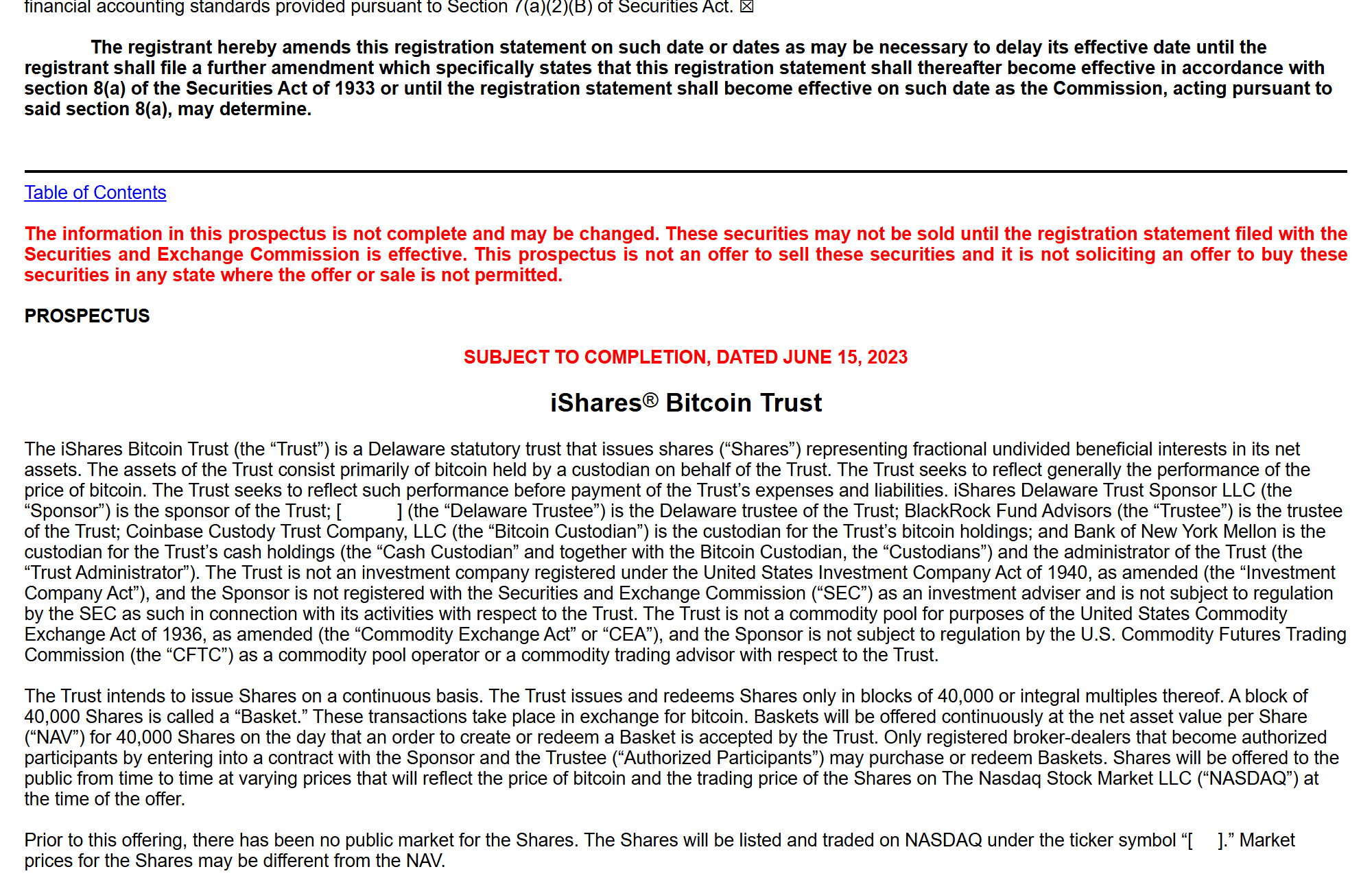 หน้าแรกเอกสาร S-1 ของ iShares Bitcoin Trust ที่ยื่นต่อ SEC