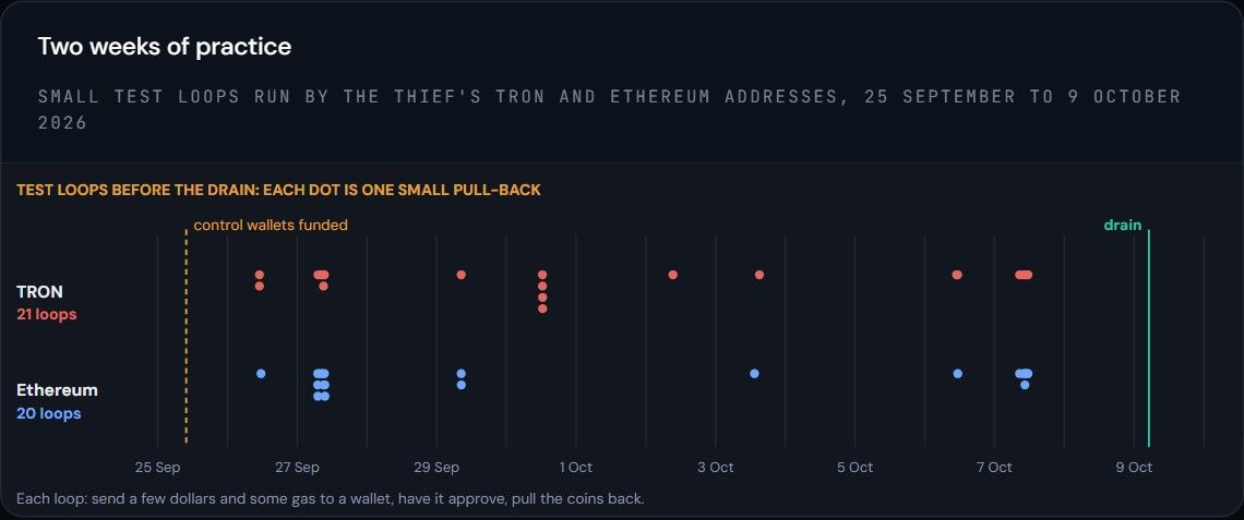 กราฟ Bitquery การซ้อมดึงเงินของคนร้ายก่อนวันเกิดเหตุ ที่อยู่บน TRON ทดสอบ 21 รอบ และบน Ethereum 20 รอบ ระหว่าง 25 กันยายนถึง 9 ตุลาคม 2569