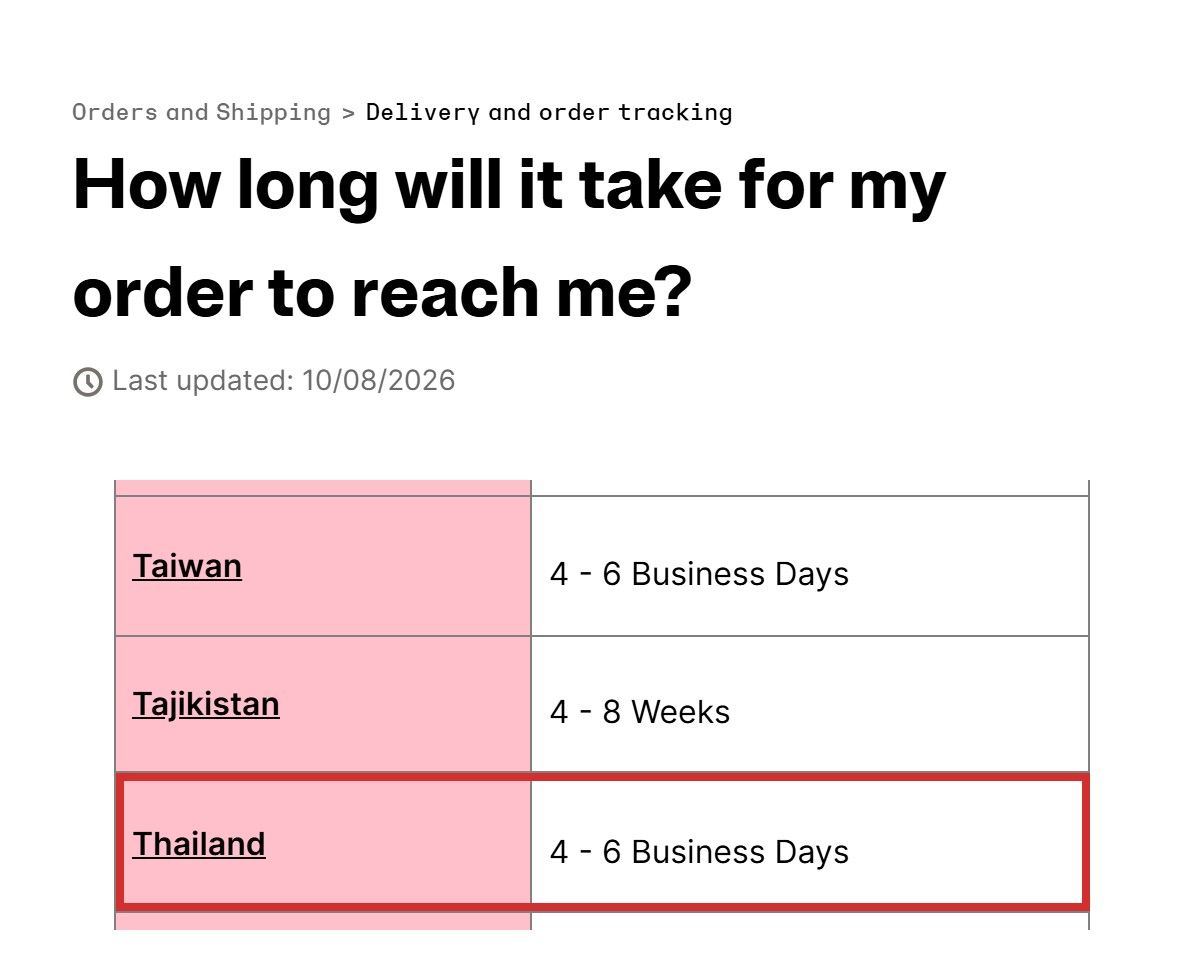 หน้าสนับสนุนของ Ledger หัวข้อ How long will it take for my order to reach me อัปเดต 10/08/2026 แถว Thailand ระยะส่ง 4 - 6 Business Days