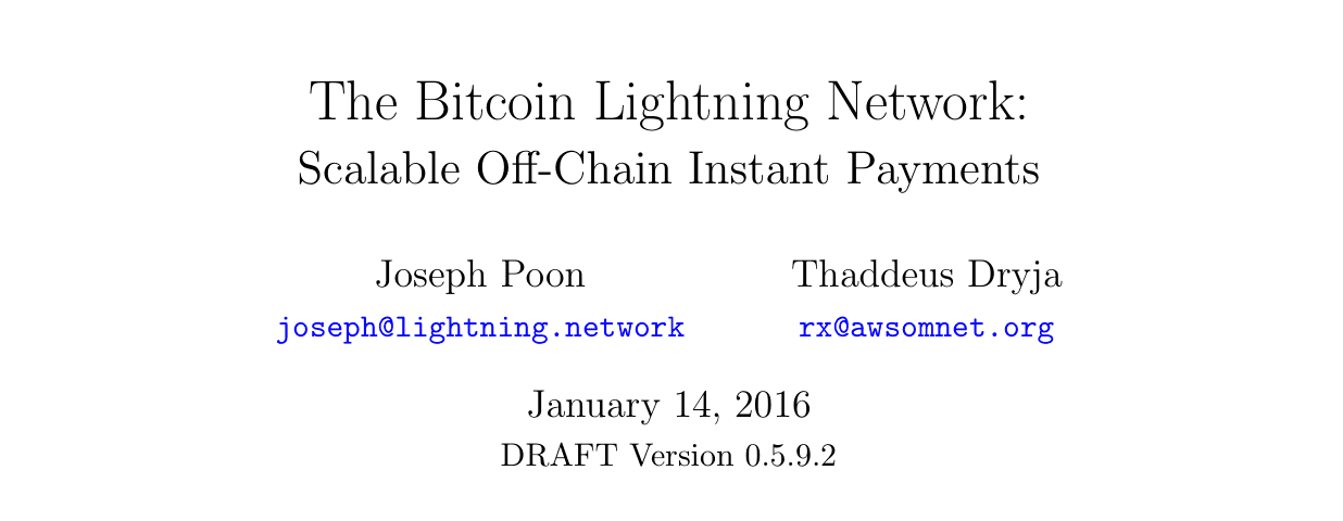 หน้าปกเอกสาร The Bitcoin Lightning Network ระบุชื่อ Joseph Poon และ Thaddeus Dryja วันที่ 14 มกราคม 2016 และคำว่า DRAFT Version 0.5.9.2