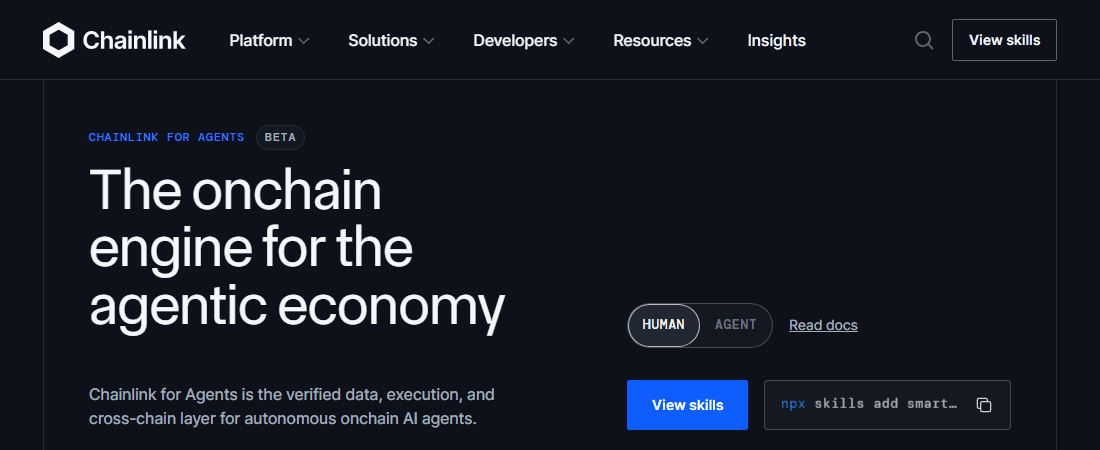 หน้าเว็บทางการ chain.link/agents: Chainlink for Agents (Beta) เอนจินสำหรับ AI agent บนเชน