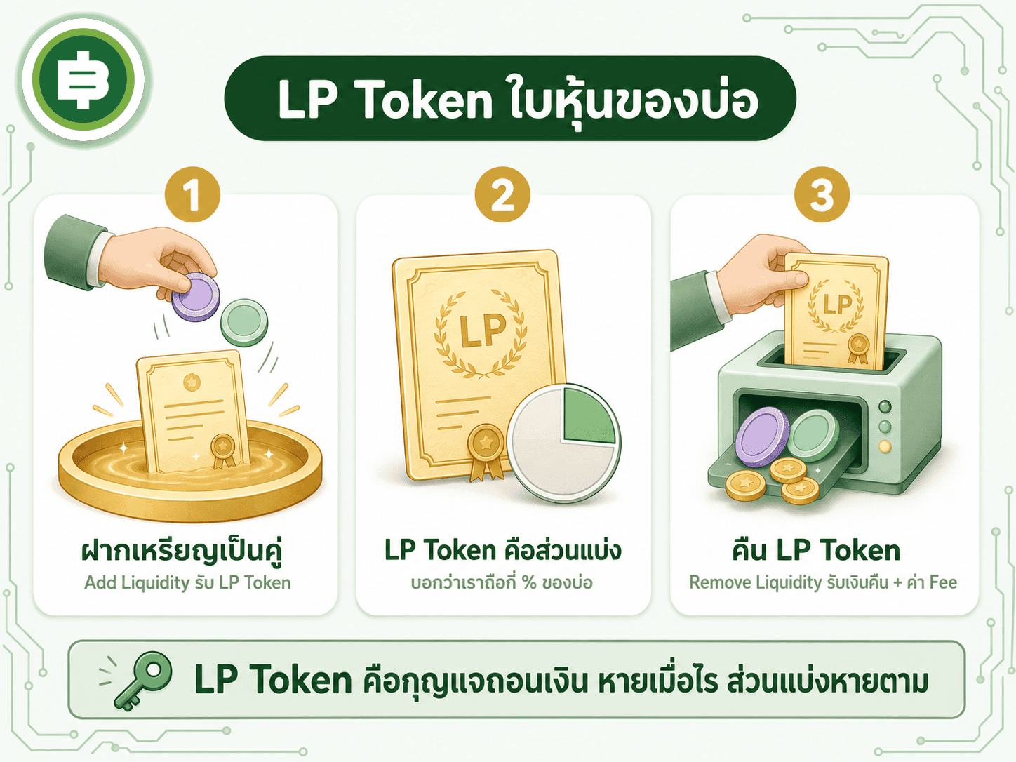 วงจรชีวิตของ LP Token ตั้งแต่ฝากจนถอน ทำหน้าที่เหมือนใบหุ้นของบ่อสภาพคล่อง