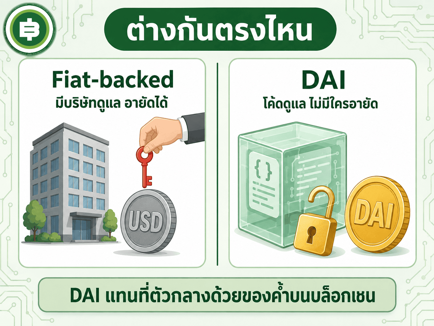 Stablecoin แบบมีบริษัทหนุนหลังต้องเชื่อใจผู้ออกเหรียญเต็มร้อย ส่วน DAI แทนที่ความเชื่อใจนั้นด้วยหลักประกันบนบล็อกเชนที่ทุกคนตรวจสอบได้