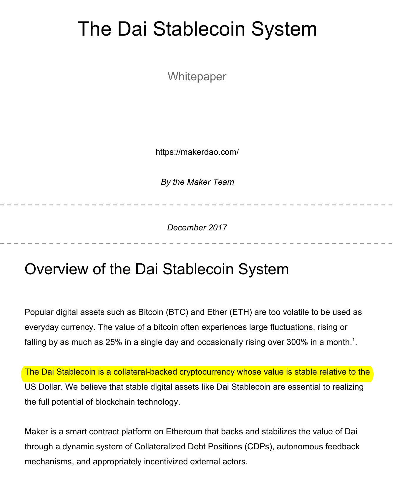 หน้าปกและหน้า Overview ของเอกสาร The Dai Stablecoin System Whitepaper ฉบับธันวาคม 2017 โดย Maker Team