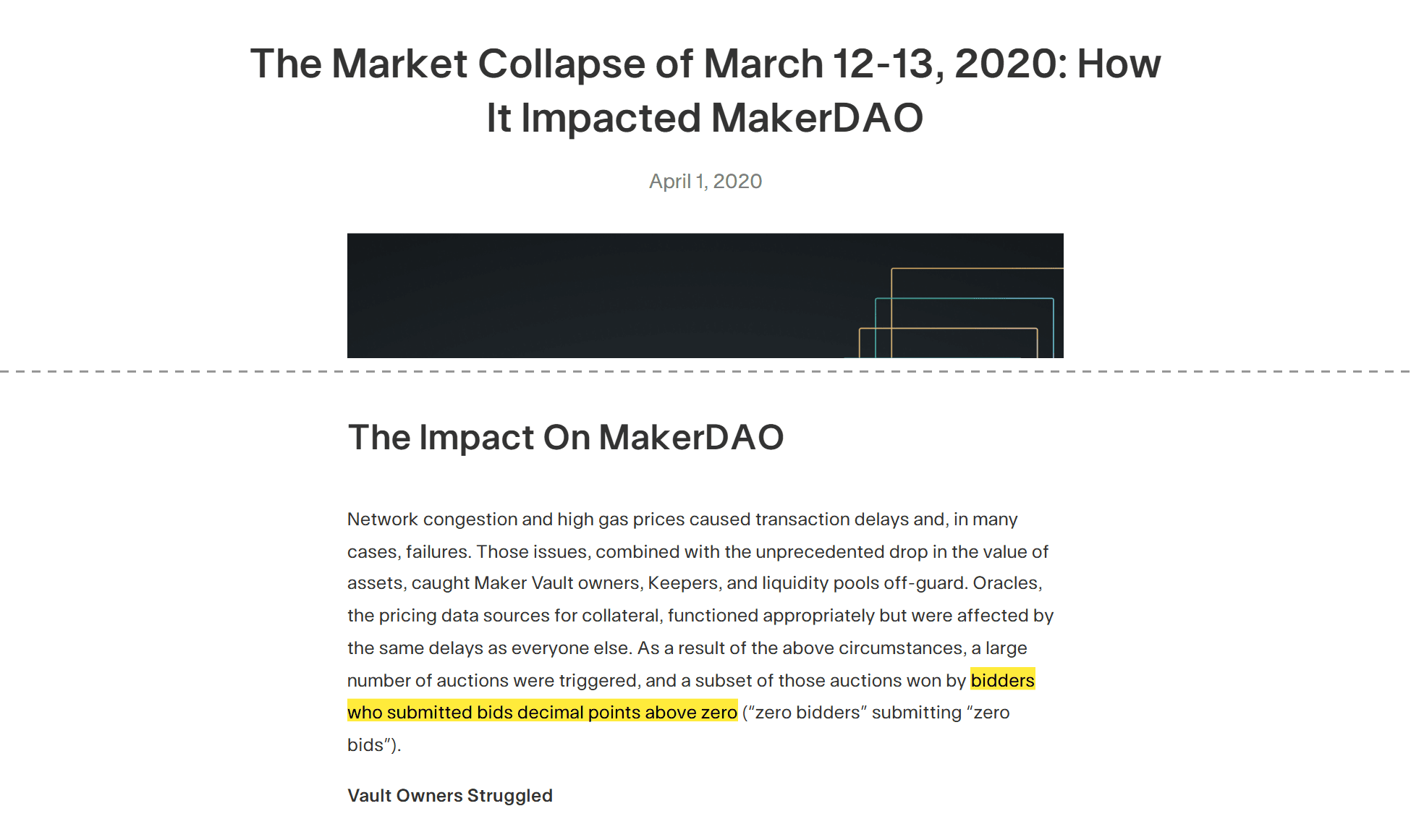 สำเนา Internet Archive ของบทความ MakerDAO เรื่องตลาดพังวันที่ 12 ถึง 13 มีนาคม 2020 ส่วนผลกระทบต่อ MakerDAO ที่เล่าเรื่องค่า Gas สูงและการประมูลที่ผู้ชนะเสนอราคาเกือบเป็นศูนย์