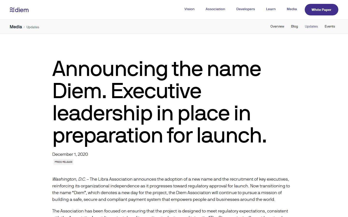 ประกาศเปลี่ยนชื่อ Libra เป็น Diem ธันวาคม 2020