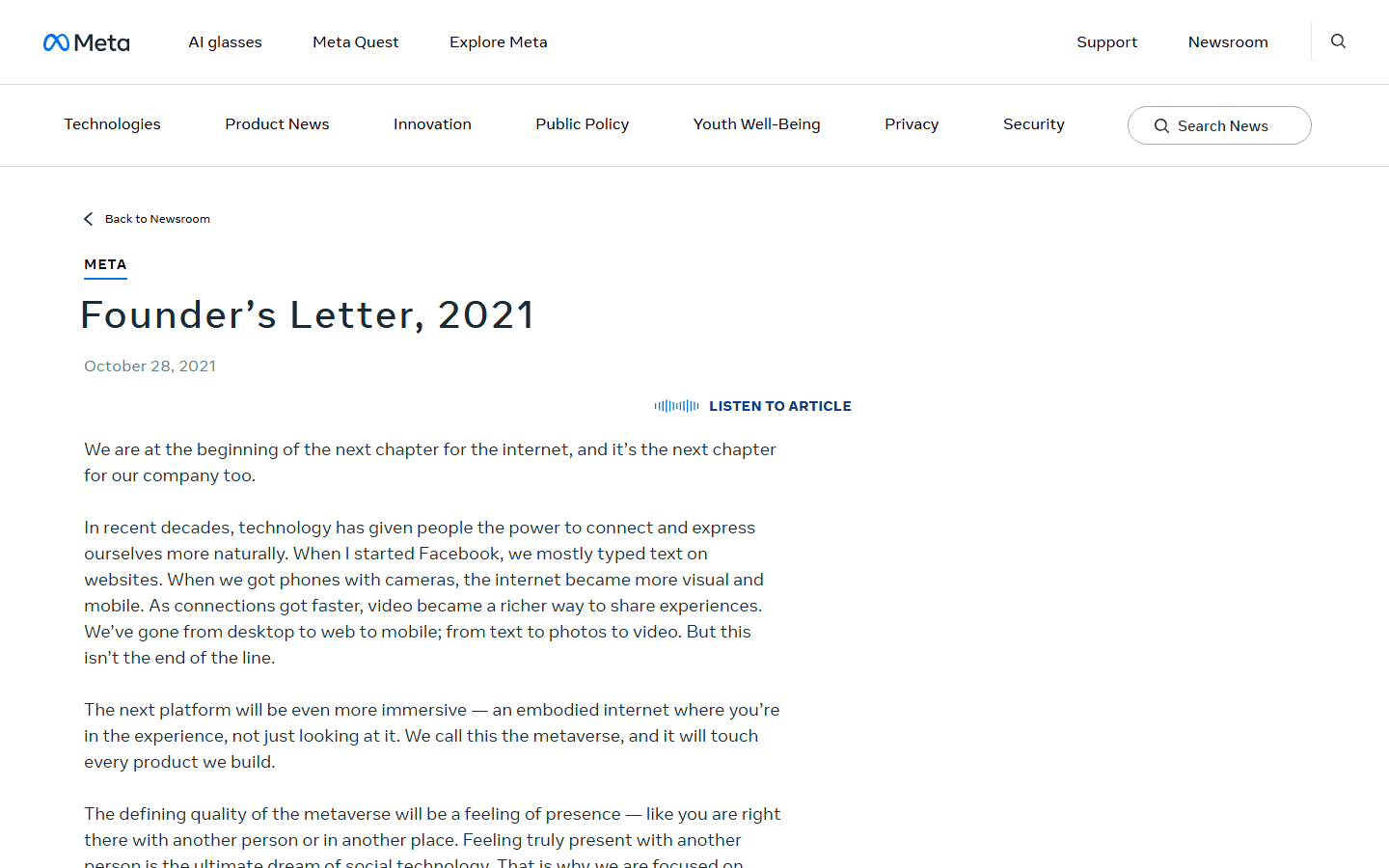 จดหมายผู้ก่อตั้งปี 2021 ของ Mark Zuckerberg ท่อน metaverse-first