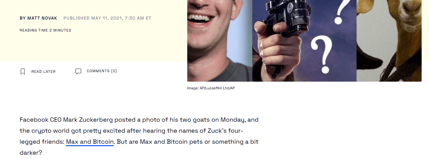 ข่าว Gizmodo เรื่องแพะของ Zuckerberg ชื่อ Max และ Bitcoin