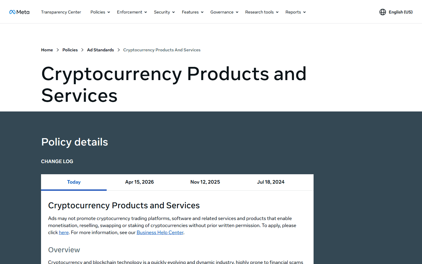 หน้านโยบายโฆษณาผลิตภัณฑ์และบริการคริปโตบน Meta Transparency Center