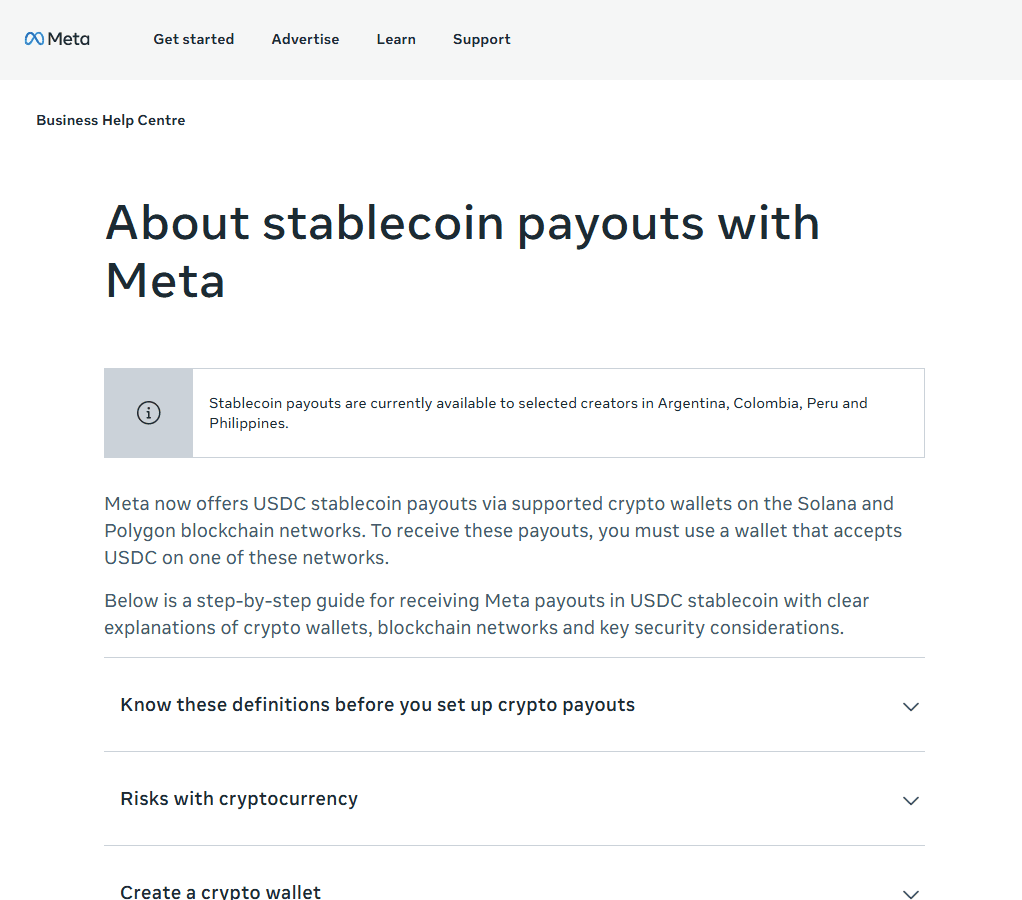 หน้าช่วยเหลือของ Meta เรื่องรับเงินครีเอเตอร์เป็น USDC บน Solana และ Polygon