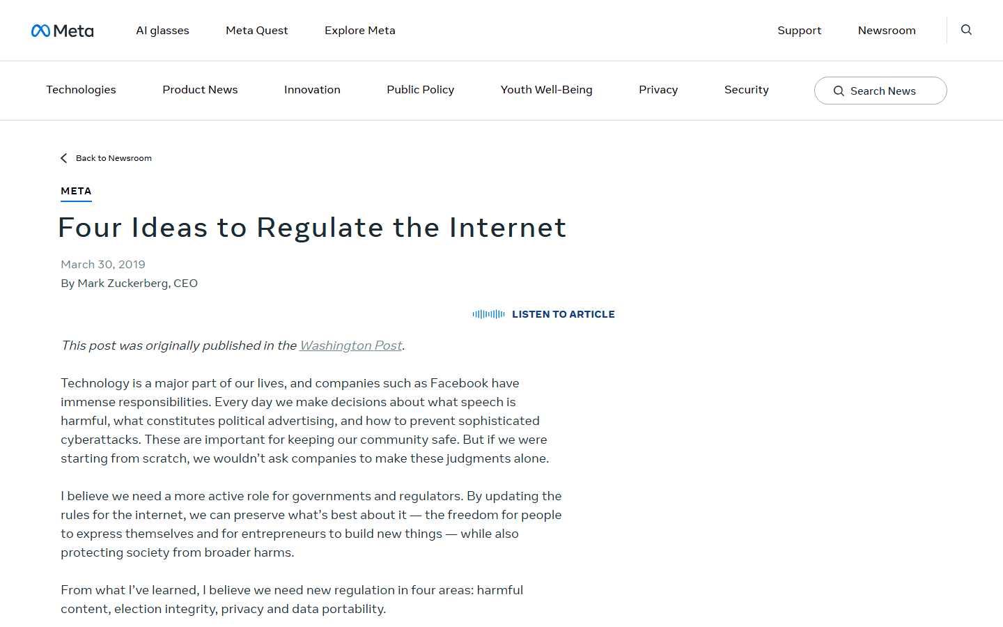 บทความ Four Ideas to Regulate the Internet ของ Mark Zuckerberg มีนาคม 2019