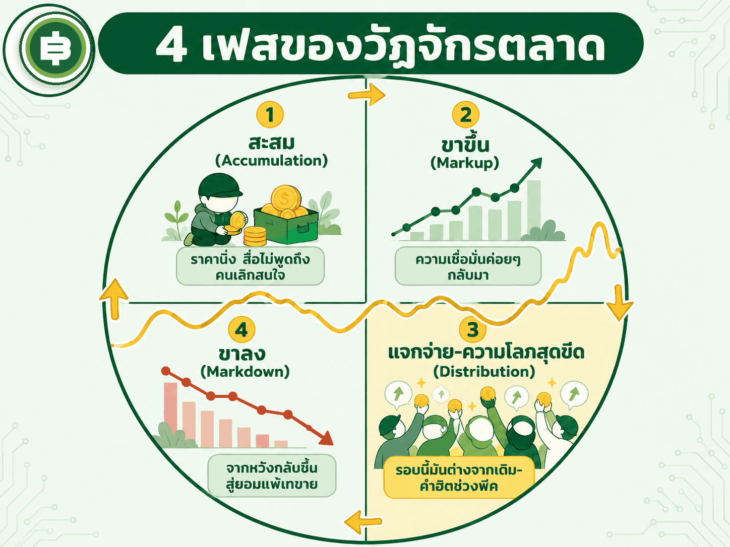 วงล้อ 4 เฟสของวัฏจักรตลาด ตั้งแต่เฟสสะสมที่เงียบสงบที่สุด ไปจนถึงเฟสแจกจ่ายที่ความโลภพุ่งสูงสุด ก่อนวนกลับเข้าเฟสขาลงและสะสมใหม่อีกครั้ง
