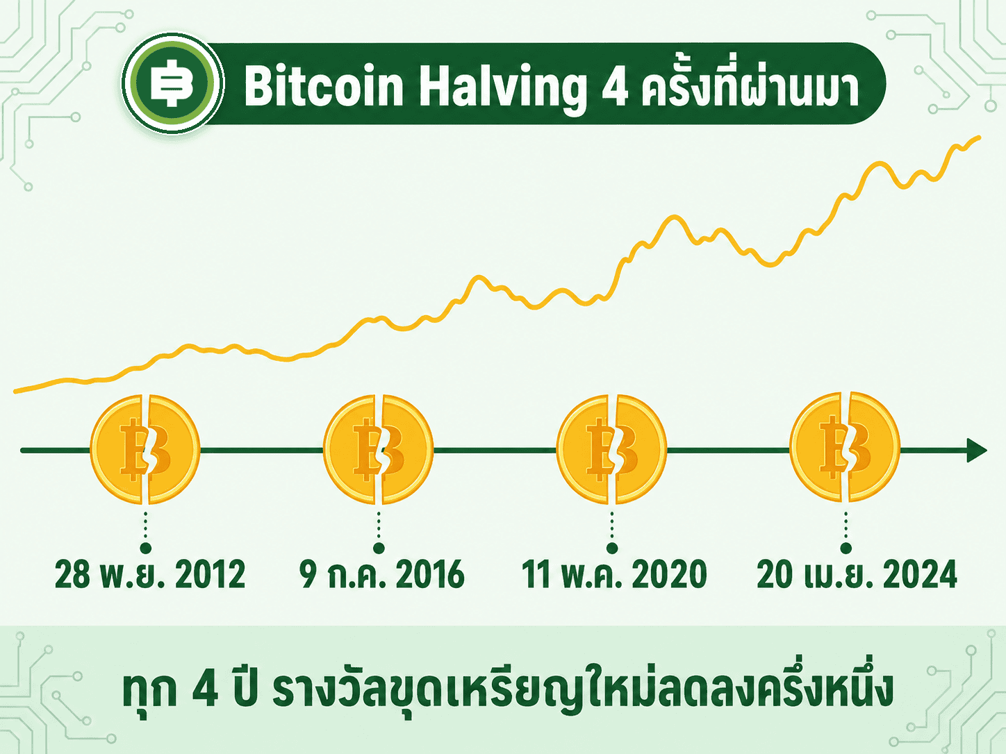 ไทม์ไลน์ 4 ครั้งของ Bitcoin Halving ตั้งแต่ปี 2012 ถึง 2024 แสดงจังหวะที่รางวัลขุดเหรียญใหม่ลดลงครึ่งหนึ่งในแต่ละรอบ