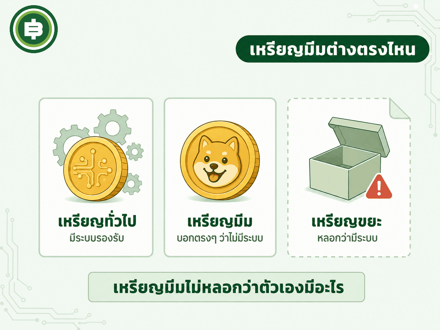 เหรียญมีมต่างจากเหรียญทั่วไปตรงที่ไม่มีการใช้งานรองรับ และต่างจากเหรียญขยะตรงที่ไม่หลอกว่าตัวเองมี