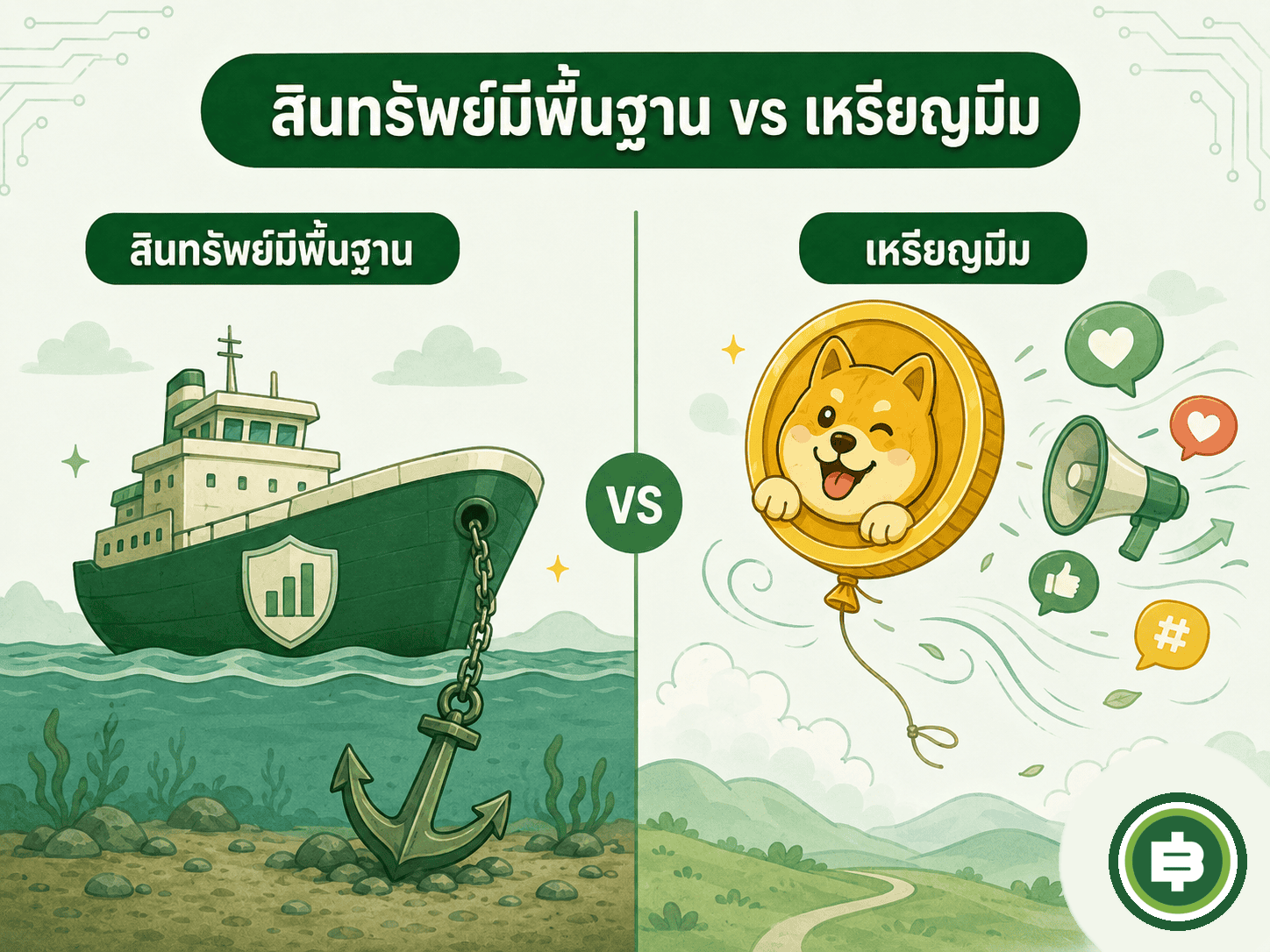 สินทรัพย์ที่มีพื้นฐานมีสมอคอยดึงราคา ส่วนเหรียญมีมลอยขึ้นลงตามแรงลมของกระแสล้วนๆ