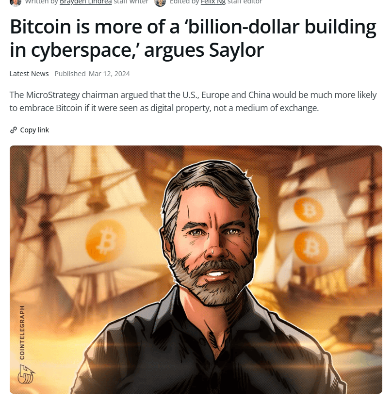 ข่าว Cointelegraph ที่ Saylor เปรียบ Bitcoin เป็นทรัพย์สินดิจิทัล