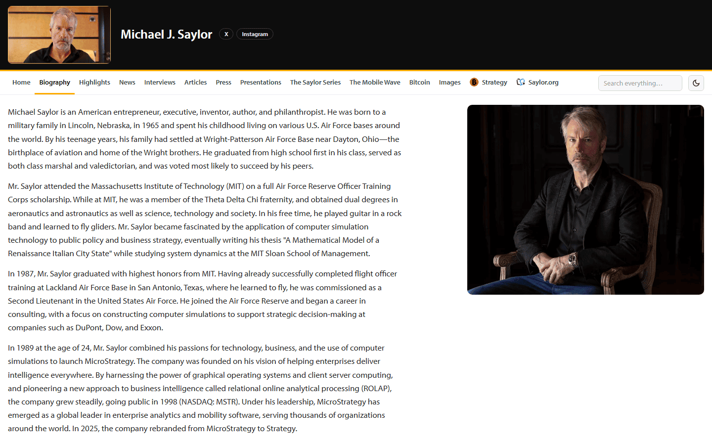 หน้าประวัติ Michael Saylor บนเว็บไซต์ส่วนตัว michael.com