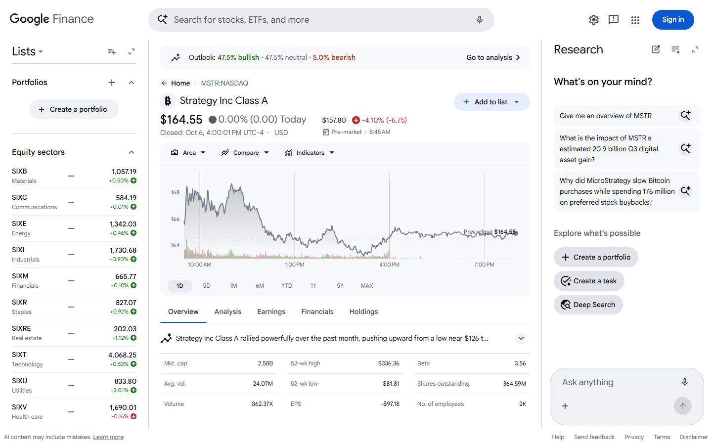 หน้าราคาหุ้น Strategy (MSTR) ในตลาด Nasdaq บน Google Finance
