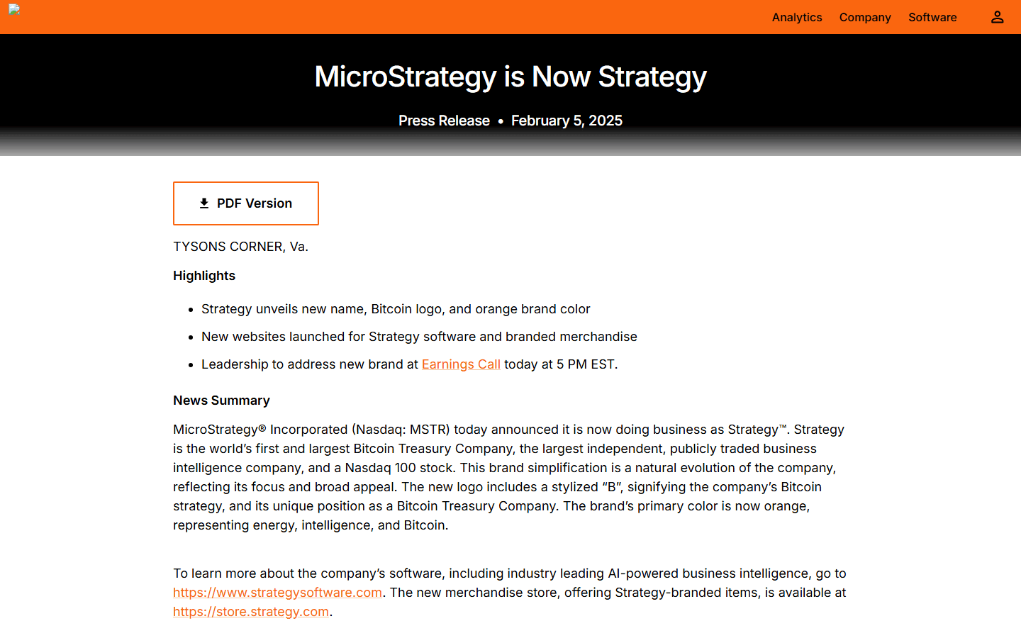 ข่าวประกาศ MicroStrategy เปลี่ยนชื่อเป็น Strategy วันที่ 5 ก.พ. 2025