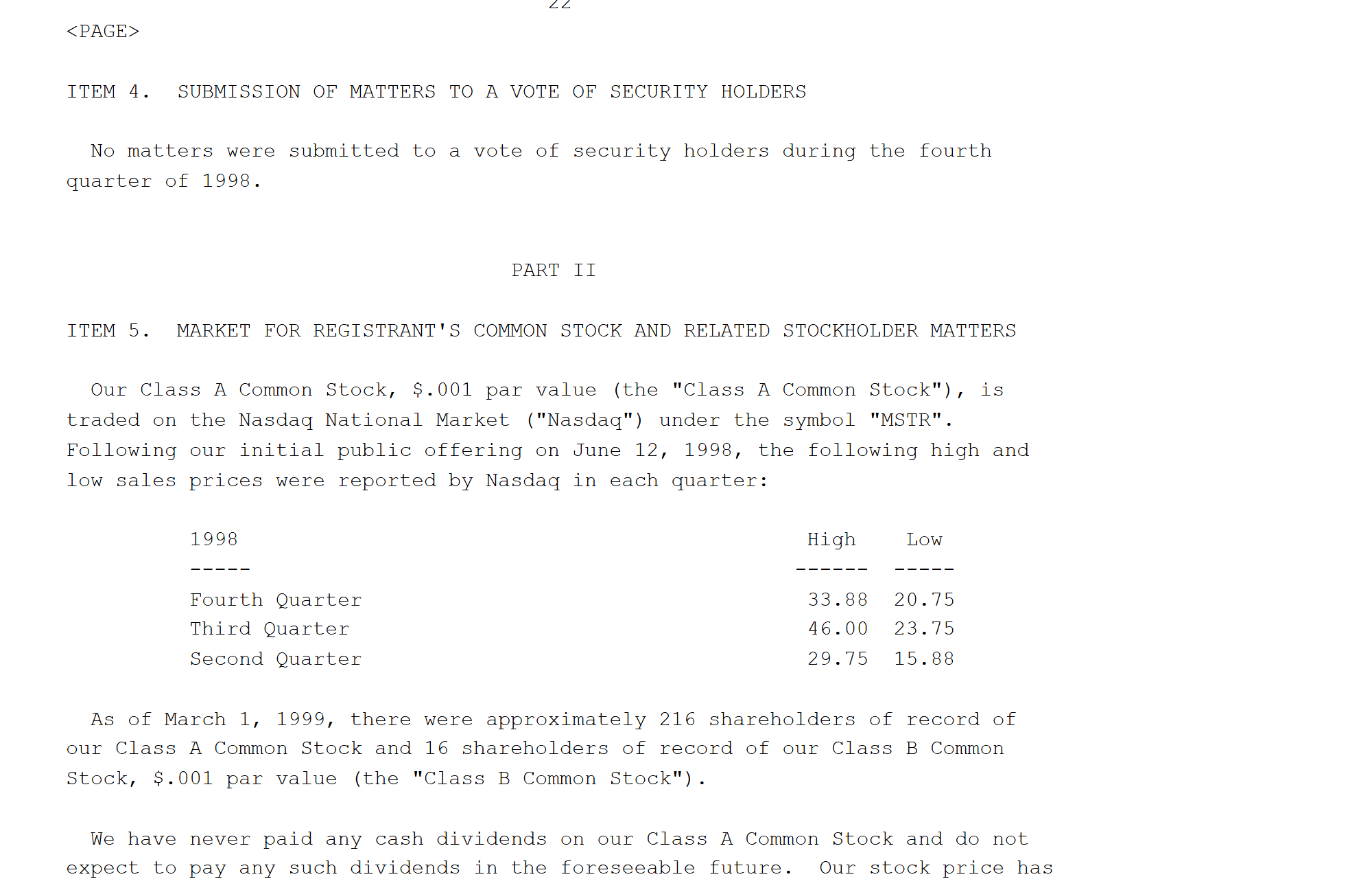 รายงานประจำปี 1998 ของ MicroStrategy ส่วนที่พูดถึงการเข้าตลาด Nasdaq