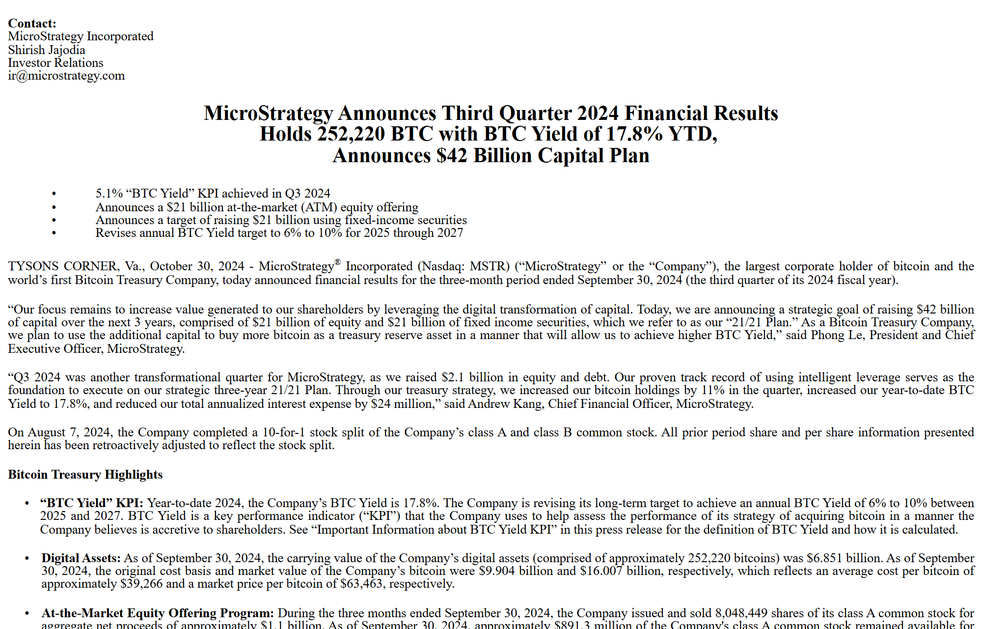 ข่าวแจกผลประกอบการไตรมาส 3 ปี 2024 ของ MicroStrategy ที่ประกาศแผนระดมทุน 42 พันล้านดอลลาร์
