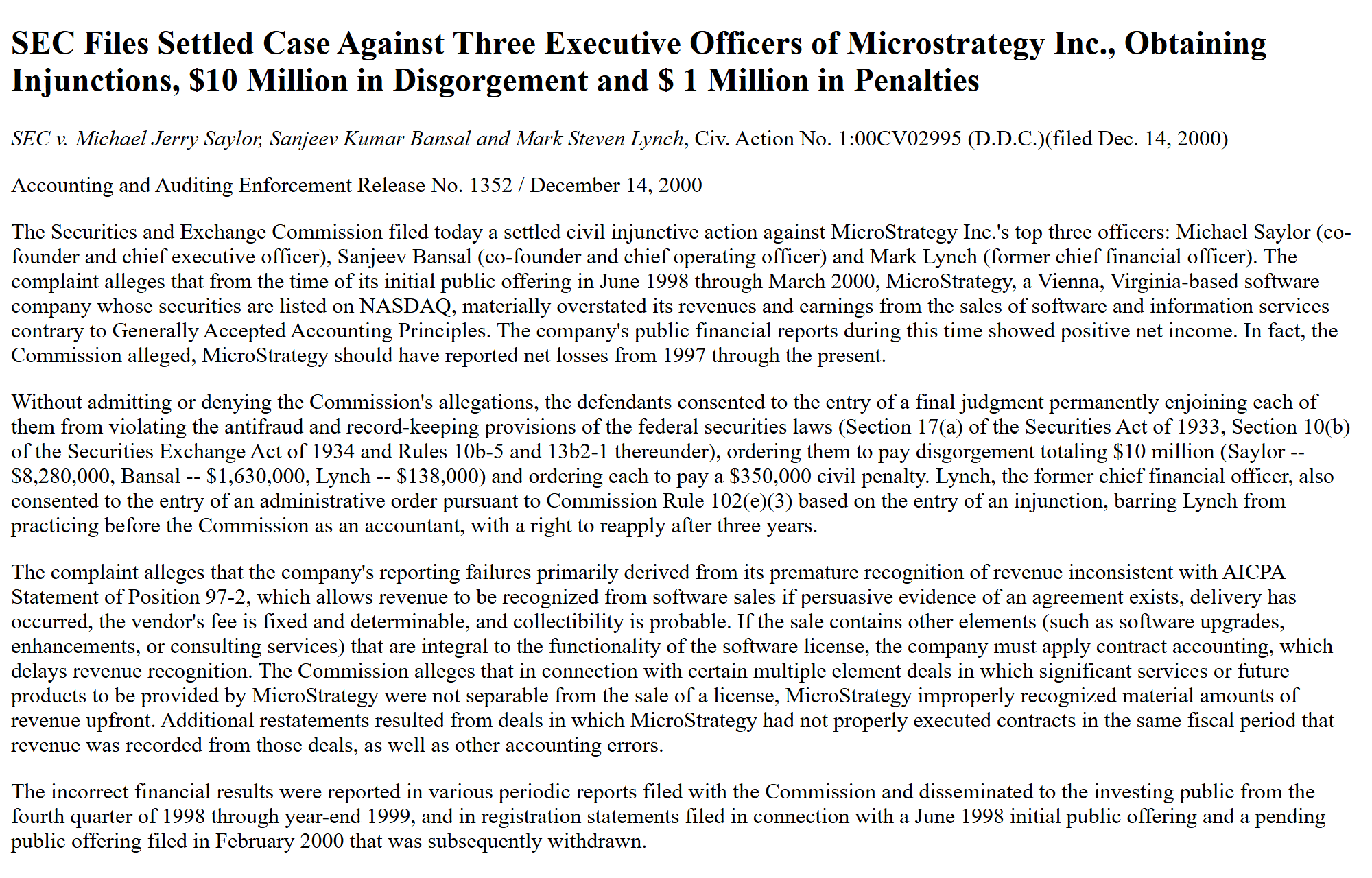 ประกาศของ SEC เรื่องการยอมความคดี MicroStrategy ปี 2000