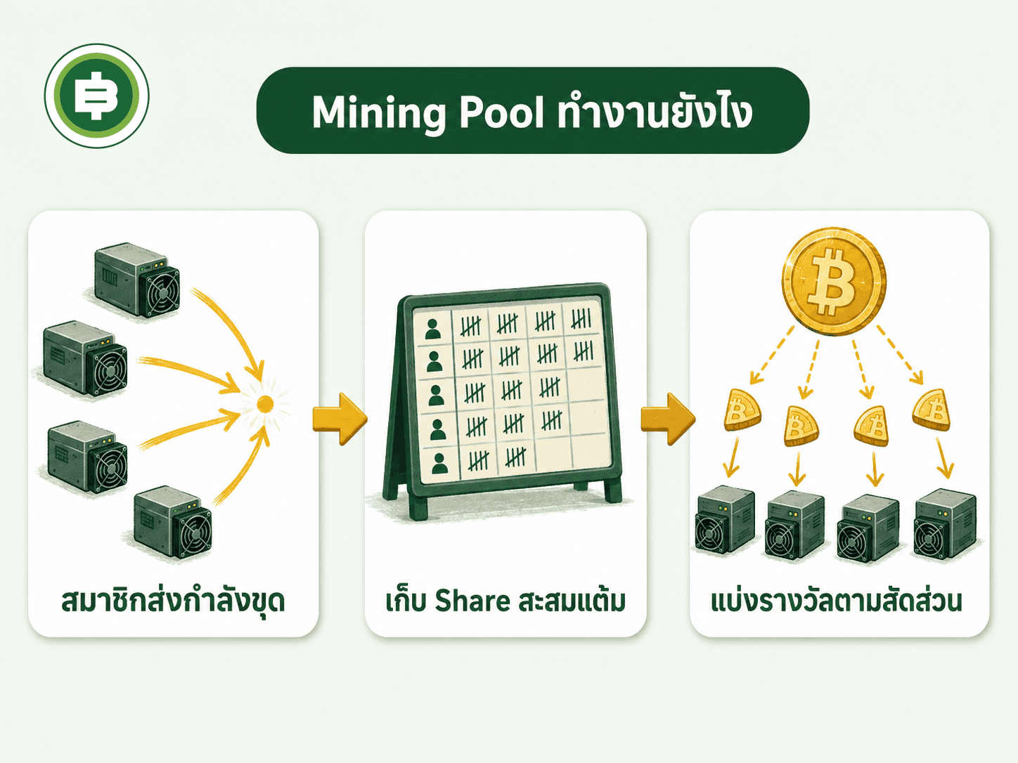 Mining Pool ทำงานยังไง 3 ขั้นตอน สมาชิกส่งกำลังขุด เก็บ Share สะสมแต้ม แบ่งรางวัลตามสัดส่วน