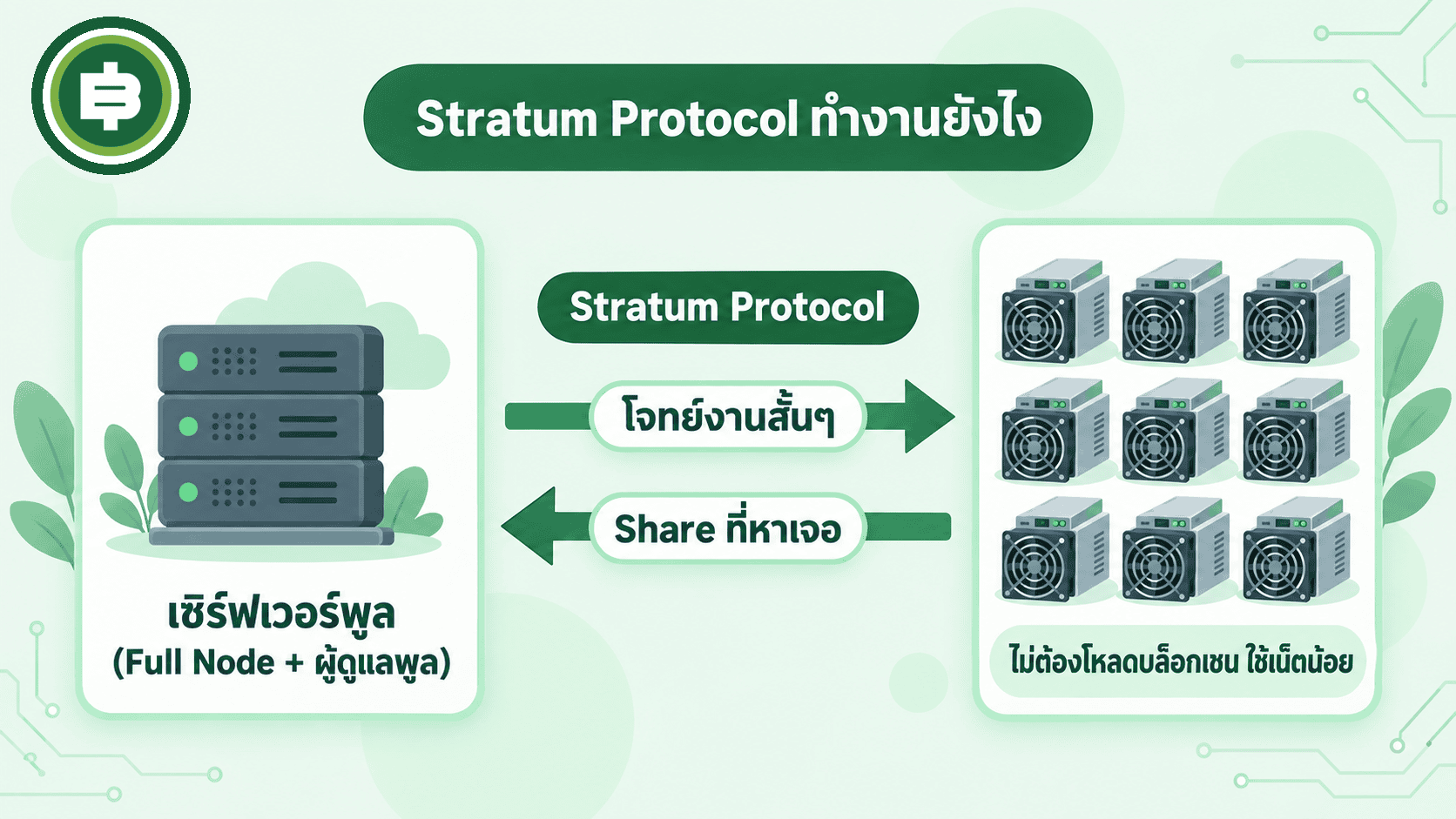 ไดอะแกรม Stratum Protocol ที่เซิร์ฟเวอร์พูลส่งโจทย์งานสั้นๆ ไปยังเครื่องขุด ASIC หลายเครื่อง แล้วรับ Share กลับมา โดยเครื่องขุดไม่ต้องโหลดบล็อกเชน