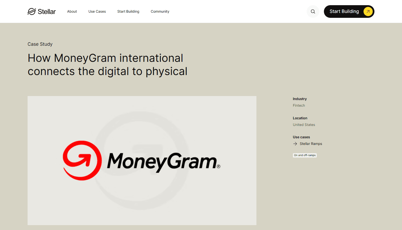 หน้ากรณีศึกษาทางการของ Stellar เรื่อง MoneyGram International เชื่อมเงินสดกับสินทรัพย์ดิจิทัล