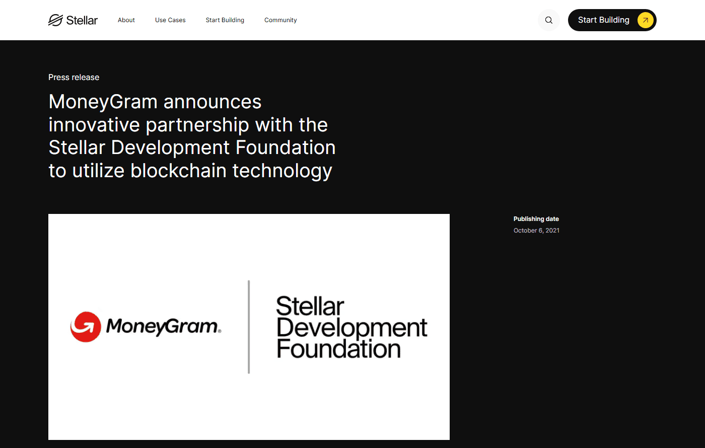ประกาศความร่วมมืออย่างเป็นทางการระหว่าง MoneyGram กับ Stellar Development Foundation ตุลาคม 2021