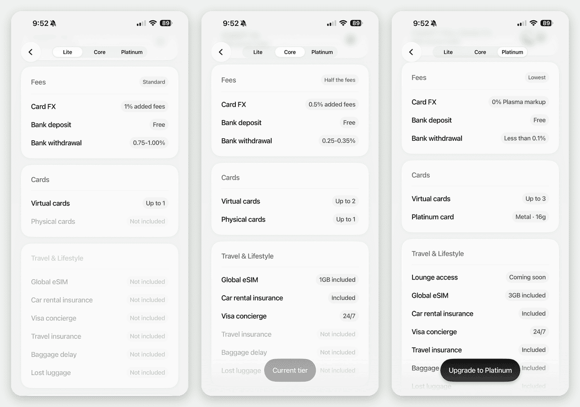 เทียบตารางค่าธรรมเนียมระดับ Lite Core และ Platinum ในแอป Plasma One