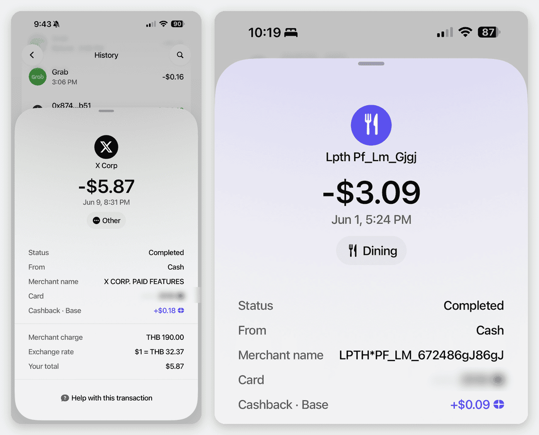 ตัวอย่างสลิปจ่ายเงินบาทผ่านบัตร Plasma One ร้าน X Corp และร้านอาหาร มีบรรทัดอัตราแลกเปลี่ยน