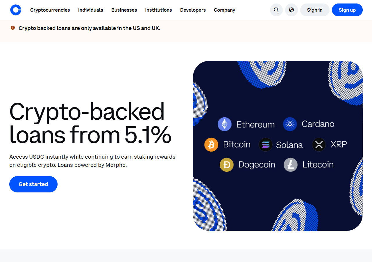 หน้าบริการ Crypto-backed loans ของ Coinbase ระบุว่า Loans powered by Morpho