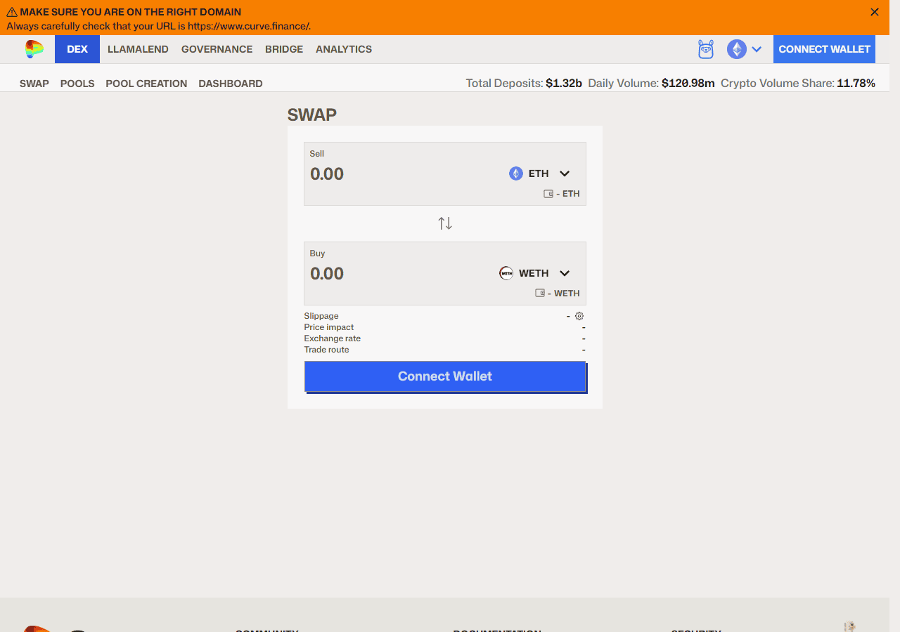 หน้าแรกเว็บไซต์ทางการของ Curve Finance ที่มีบริการ Curve Lending/LlamaLend