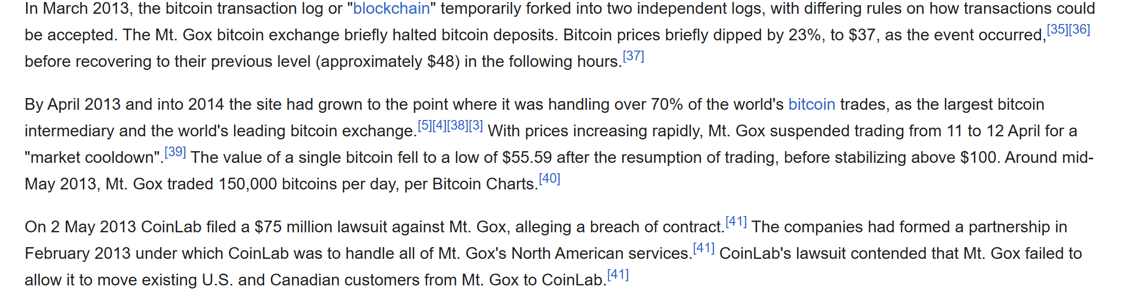 บันทึกที่ระบุว่า Mt. Gox หยุดการซื้อขายวันที่ 11 ถึง 12 เมษายน 2013 และรองรับการซื้อขาย Bitcoin กว่า 70 เปอร์เซ็นต์ของโลกในเวลานั้น