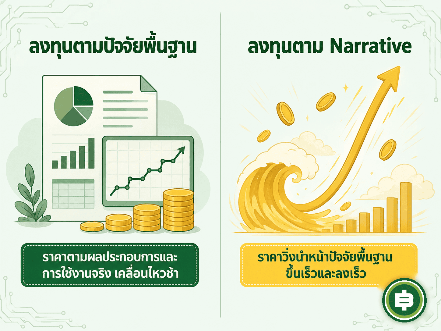เปรียบเทียบว่าการลงทุนตามปัจจัยพื้นฐานกับการลงทุนตาม Narrative ต่างกันตรงไหน โดยเฉพาะเรื่องความเร็วในการตอบสนองของราคาต่อข่าวหรือกระแส