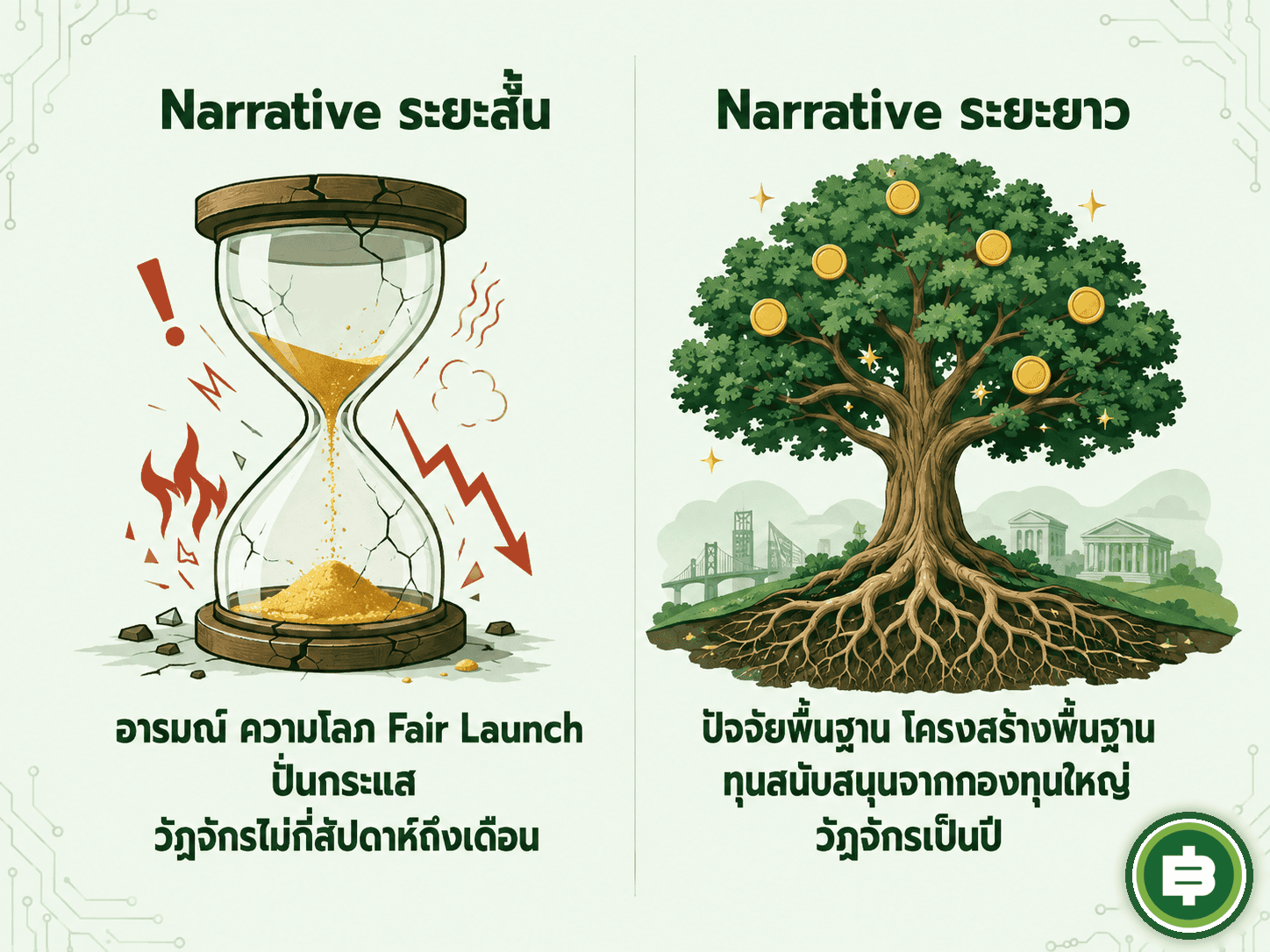 เปรียบเทียบลักษณะของ Narrative ระยะสั้นที่ขับเคลื่อนด้วยอารมณ์และความเร็ว กับ Narrative ระยะยาวที่มีปัจจัยพื้นฐานและโครงสร้างพื้นฐานรองรับ