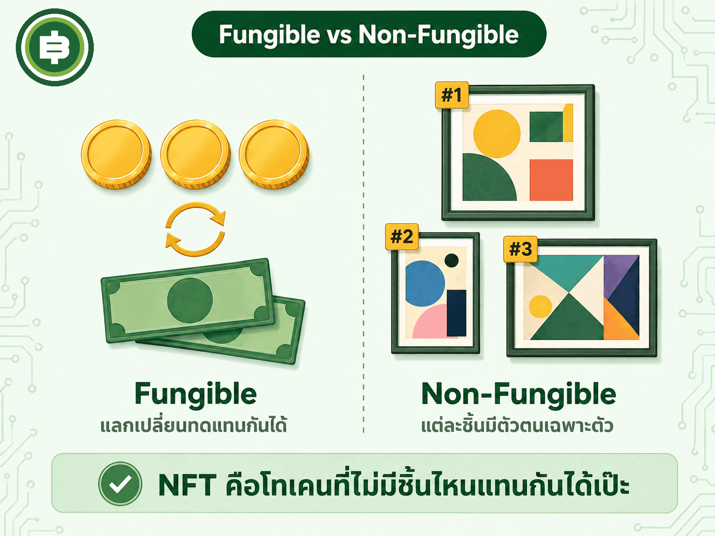 เปรียบเทียบ Fungible ที่แลกเปลี่ยนทดแทนกันได้เท่ากันหมดอย่างธนบัตรหรือเหรียญคริปโตทั่วไป กับ Non-Fungible ที่แต่ละชิ้นมีข้อมูลเฉพาะตัวแทนกันไม่ได้อย่างงานศิลปะ NFT แต่ละใบ