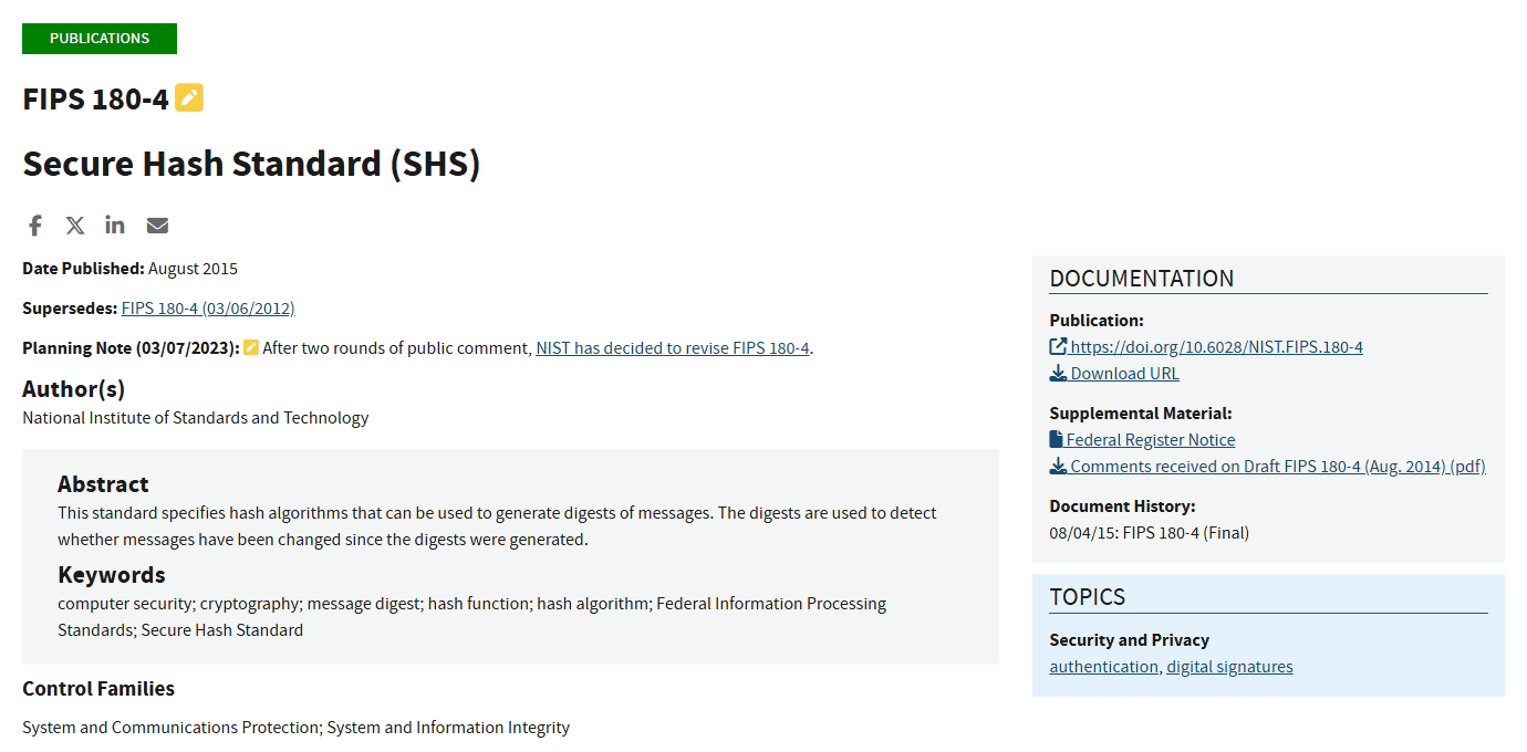 หน้ามาตรฐาน Secure Hash Standard FIPS 180-4 ของ NIST ที่กำหนดอัลกอริทึม SHA-256