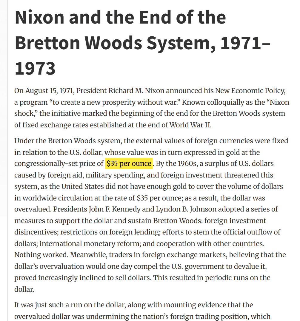 หน้าเว็บสำนักประวัติศาสตร์กระทรวงการต่างประเทศสหรัฐฯ เรื่อง Nixon กับการสิ้นสุดระบบ Bretton Woods ที่อธิบายว่าดอลลาร์ล้นโลกทำให้ระบบผูกทองที่ 35 ดอลลาร์ต่อออนซ์ไปต่อไม่ได้