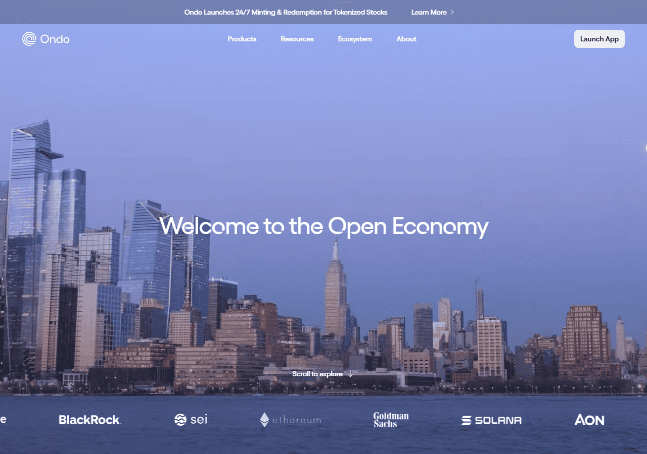 เว็บไซต์ทางการ Ondo Finance พร้อมโลโก้พาร์ทเนอร์สถาบัน BlackRock, Goldman Sachs, Solana