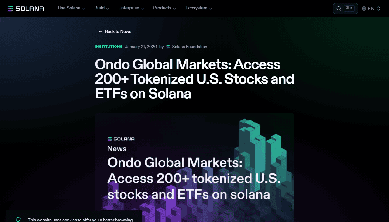 ประกาศทางการจาก Solana Foundation เรื่อง Ondo Global Markets ขยายมาบน Solana ด้วยหุ้น/ETF โทเคนไนซ์กว่า 200 ตัว
