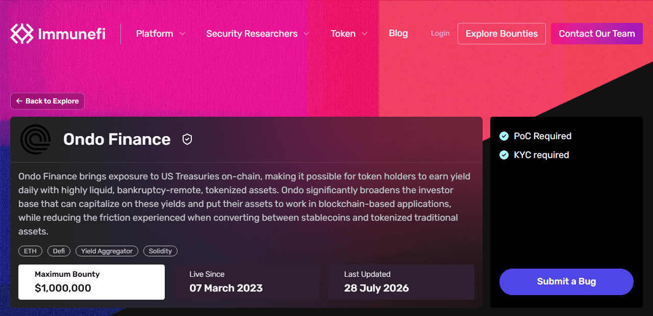 หน้า Immunefi โปรแกรม bug bounty ของ Ondo Finance รางวัลสูงสุด 1,000,000 ดอลลาร์