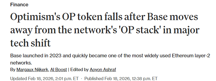 ข่าว CoinDesk รายงาน OP ร่วงหลัง Base ประกาศแยกตัวจาก OP Stack กุมภาพันธ์ 2026
